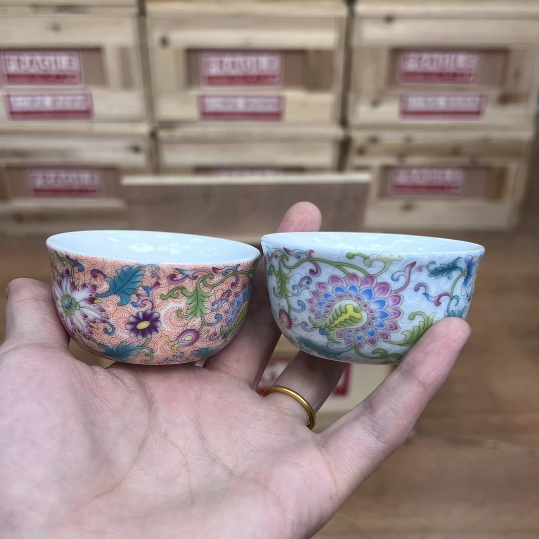 【闪购商品】缠枝莲万花珐琅彩品茗茶杯一对茶具