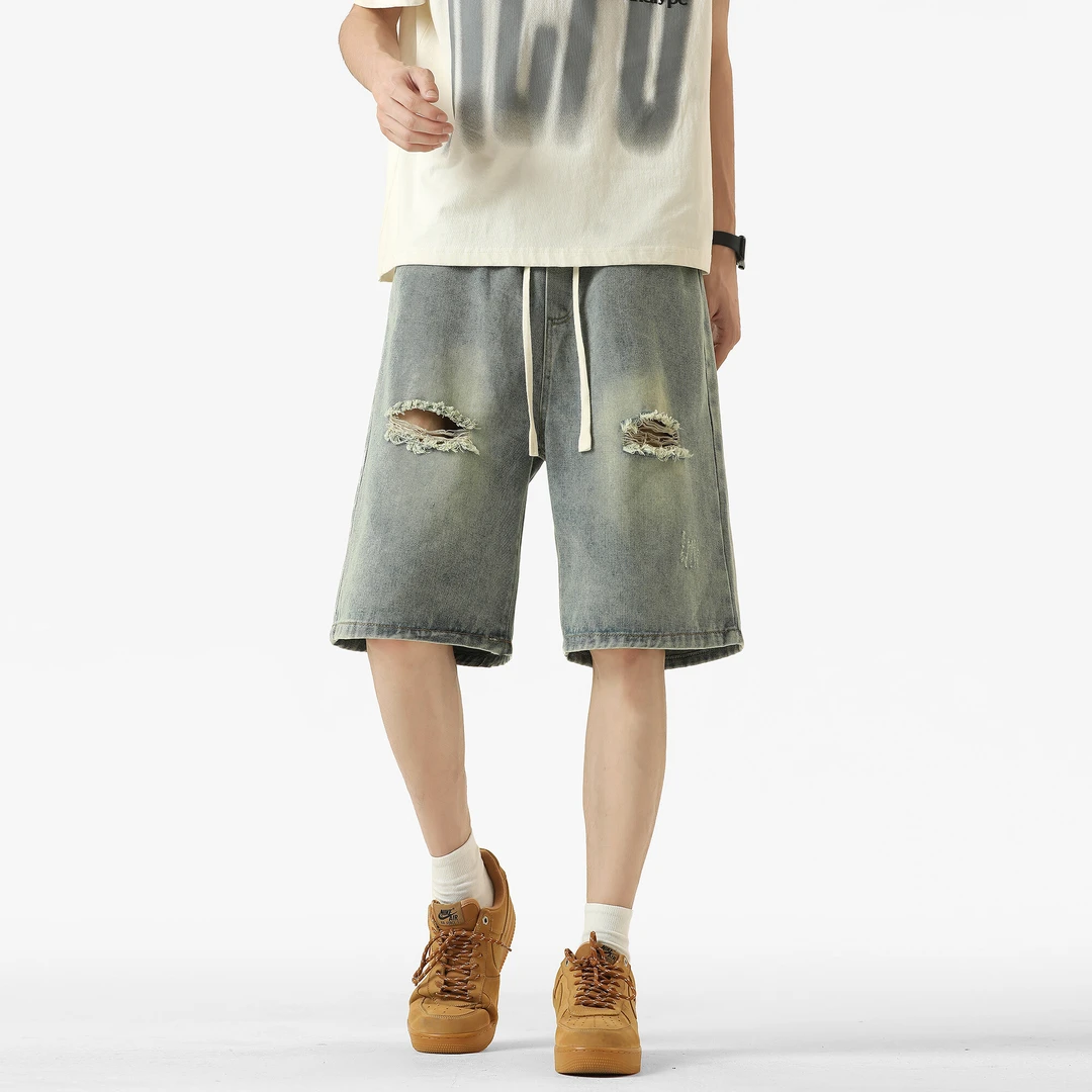 破洞牛仔短裤男夏季薄款美式高街潮牌外穿直筒裤痞帅休闲五分裤子