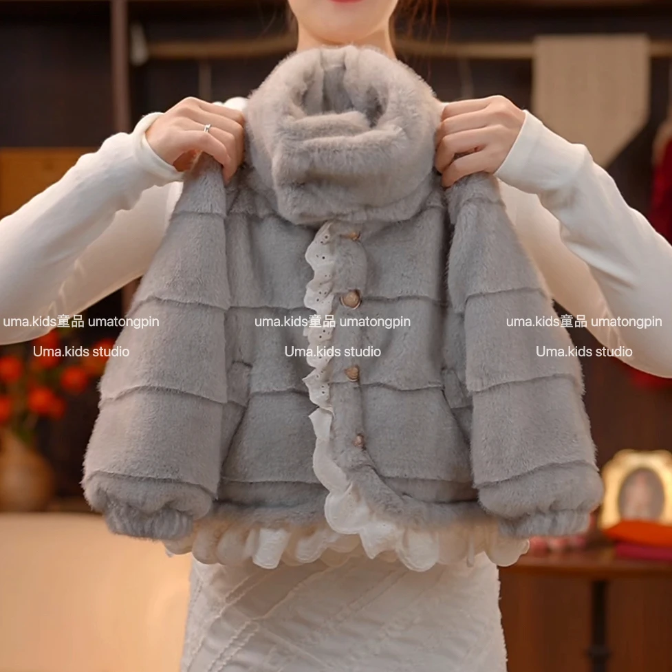 儿童加绒加厚款加绒纯色冬季百搭立领大象灰草草外套