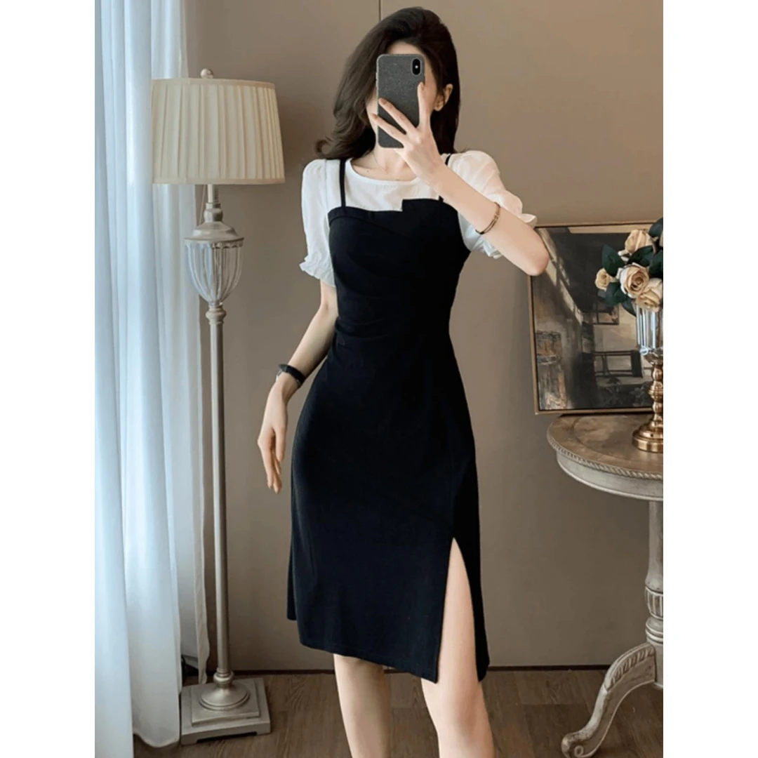 设计感拼接短袖连衣裙女夏季2025新款高级感洋气开叉气质黑色裙子