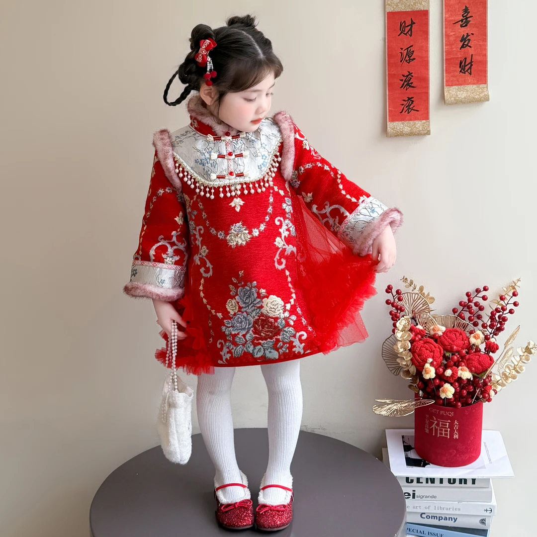 新中式拜年服女童旗袍裙冬季汉服儿童喜庆唐装棉袄小女孩过年衣服