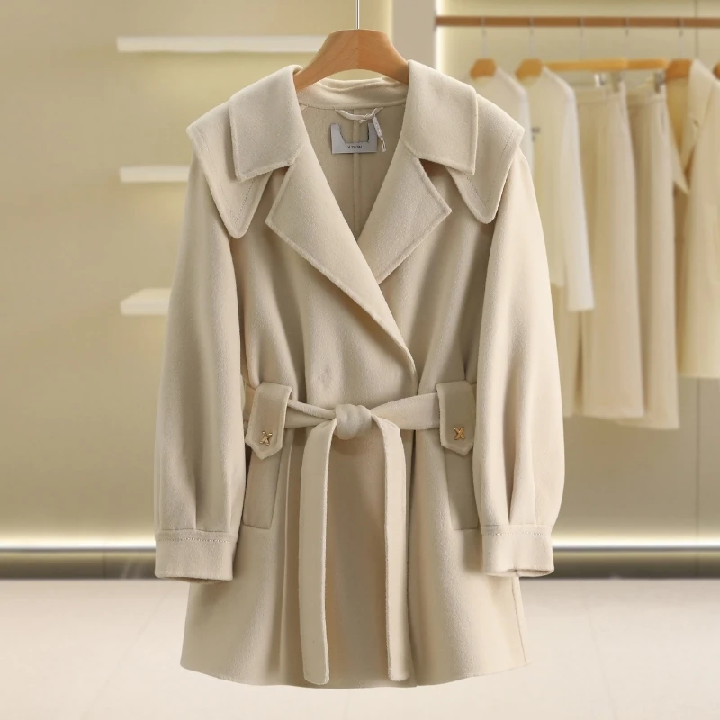 伍莎折扣品牌店【香】翻领绑带暗扣双面呢外套