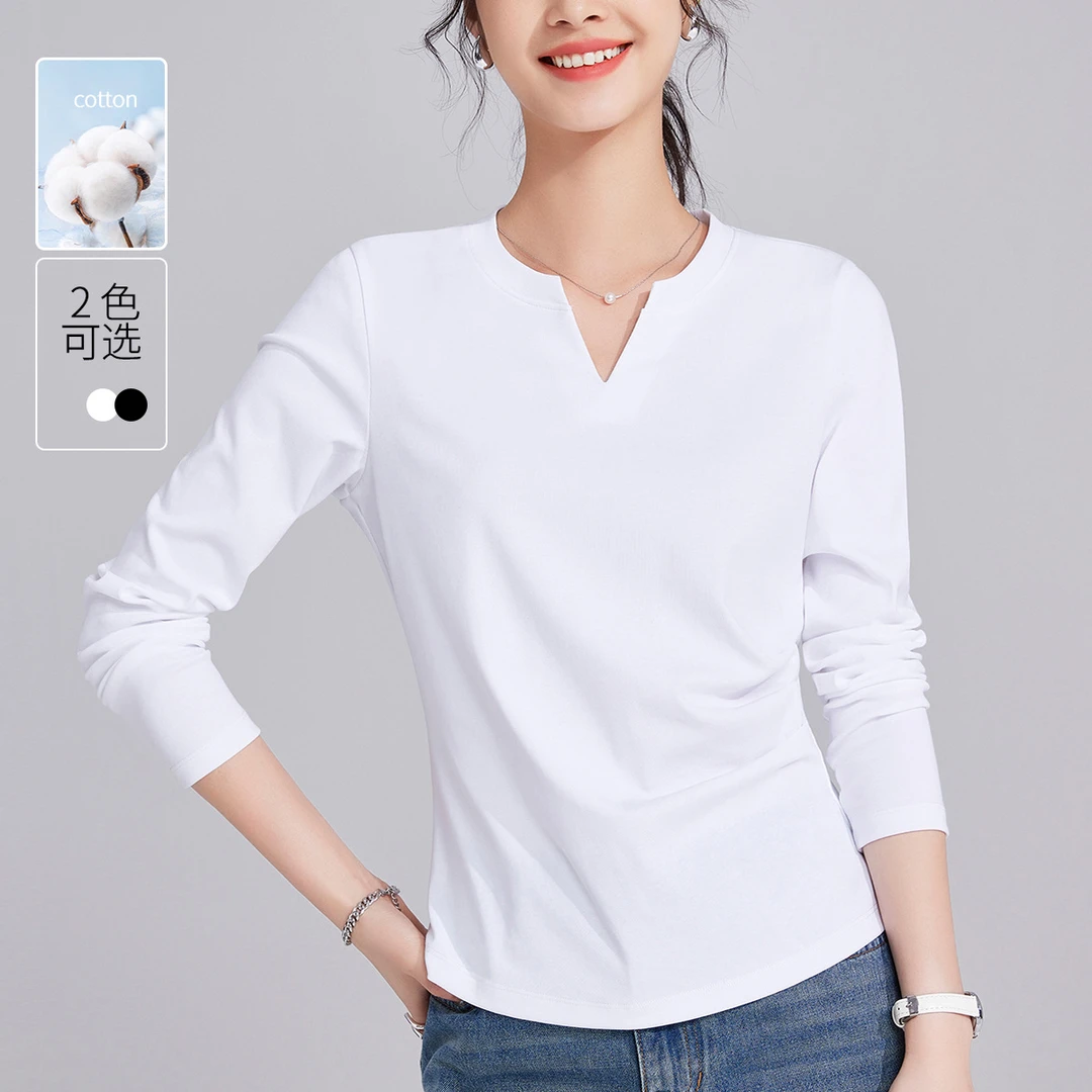 白T小V领长袖t恤女2025春秋新款捏褶收腰上衣正肩百搭内搭打底衫