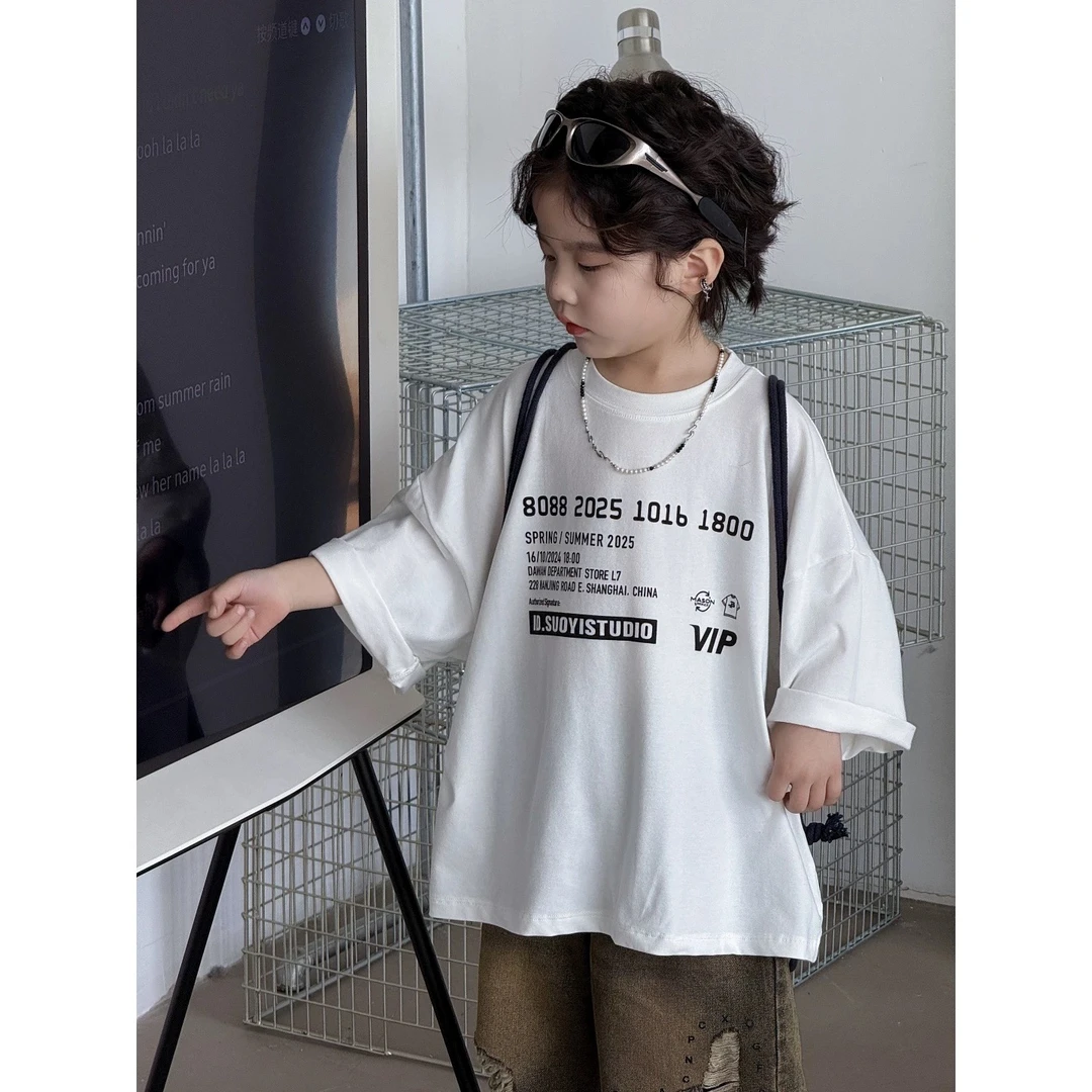 X7005【现货】韩版儿童纯棉宽版字母印花短袖白T