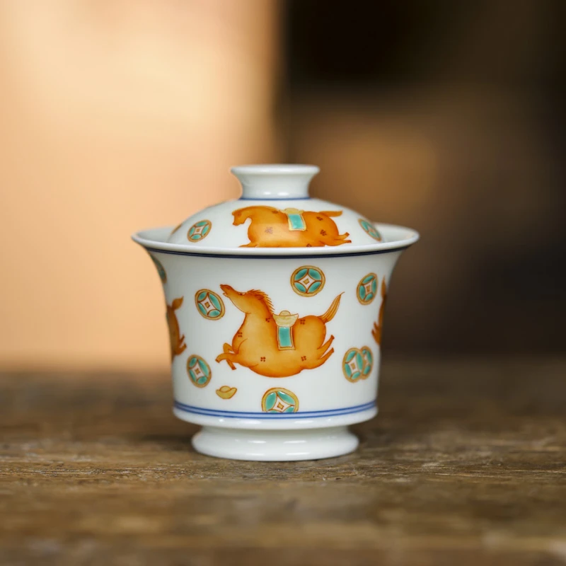 【斋居】矾红-立勤堂-马上有钱马蹄盖碗（FH-GW-032）