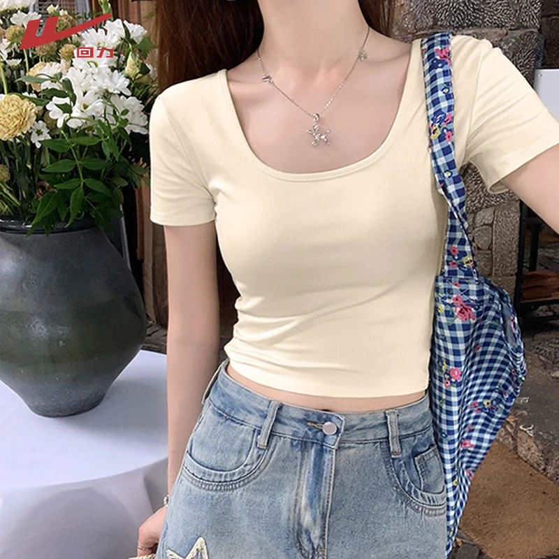 回力U领正肩短袖t恤女夏季纯欲慵懒风女装修身显身材收腰短款上衣