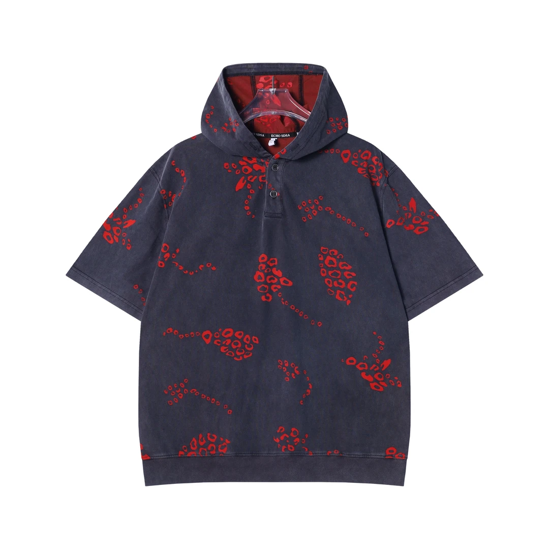 T2679夏季高级感美式撞色泡泡印花连帽短袖T恤百搭潮流复古上衣