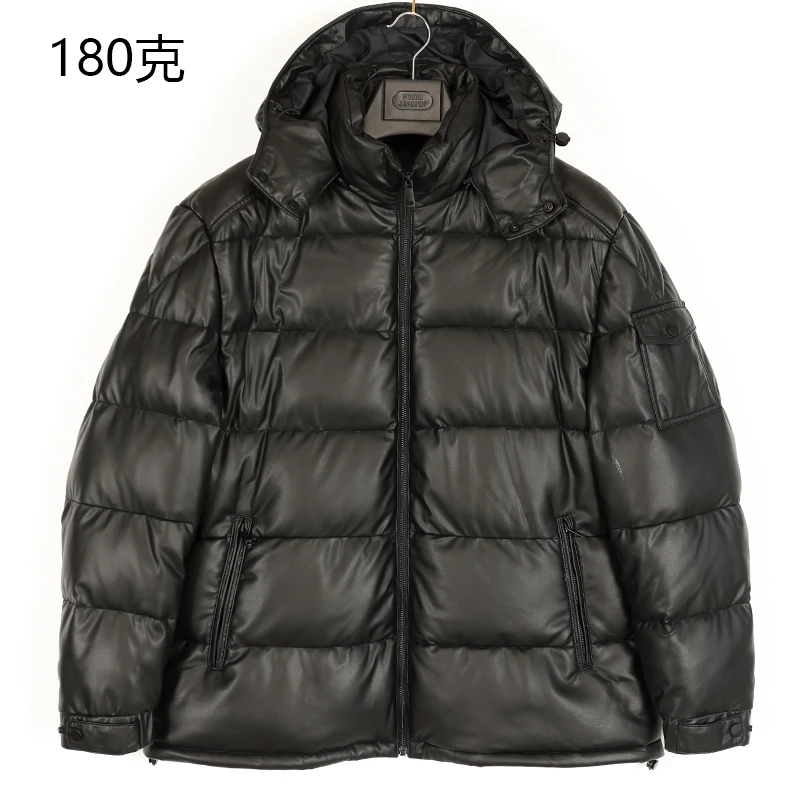 180克穿到零下10度男士白鹅绒绵羊皮连帽保暖黑色皮衣外套25306-2
