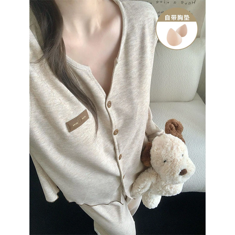 高级感羊绒睡衣女款秋冬季2025新款简约休闲带胸垫保暖家居服套装