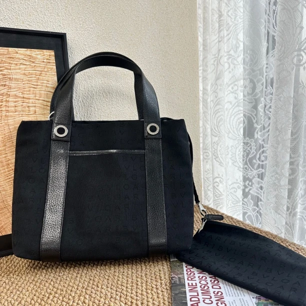 95新 BVLGARI/宝格丽 XM/满印老花字母黑银菜篮手提包/JJ12616916