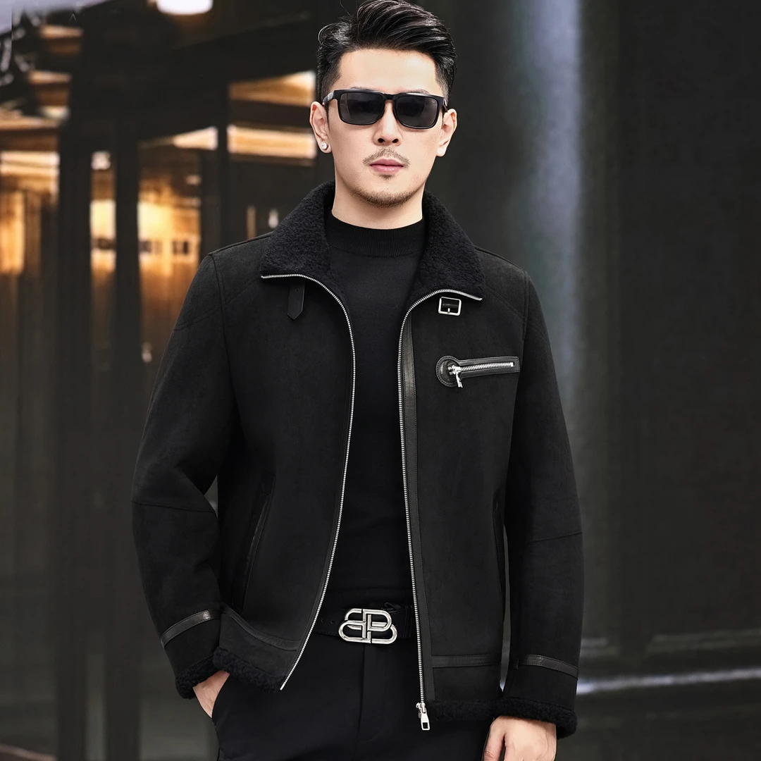 2025冬季轻奢男士皮毛一体皮草外套时尚羊羔毛呢大衣保暖休闲商务