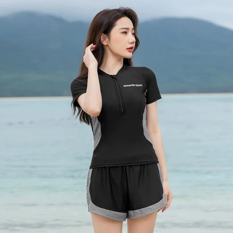 黑色显瘦微胖大码运动游泳衣女保守遮肚大胸成人游泳馆泳装平角裤