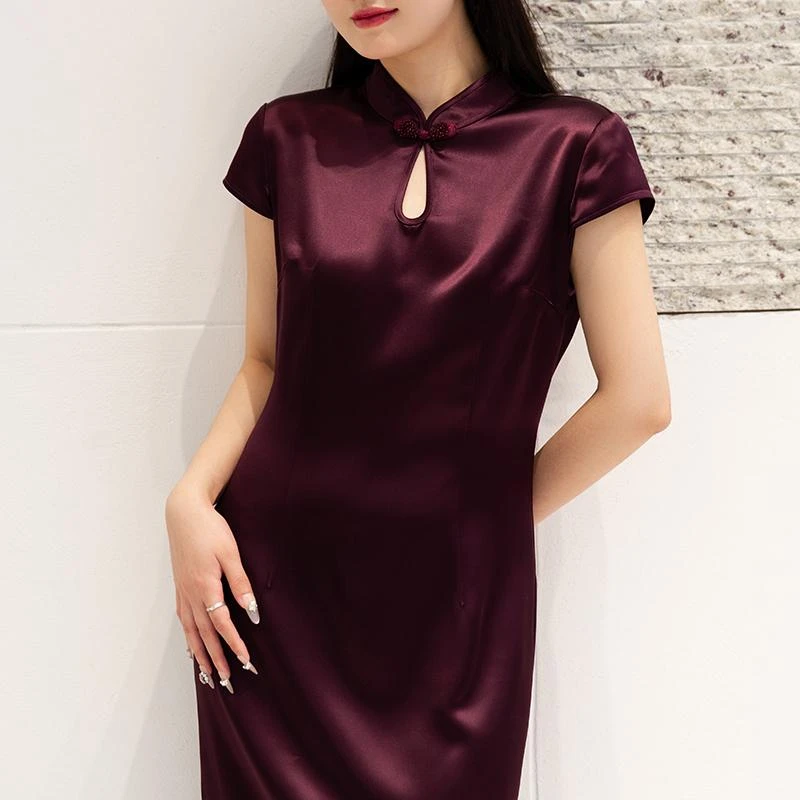 【竹影绛纱】新中式带袖旗袍气质显瘦三醋酸连衣裙中长款TWBD822