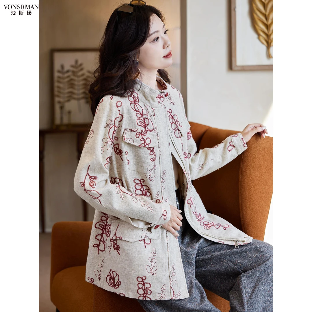 范斯玛中长款刺绣收腰外套女2025秋季宽松百搭时尚洋气休闲上衣女