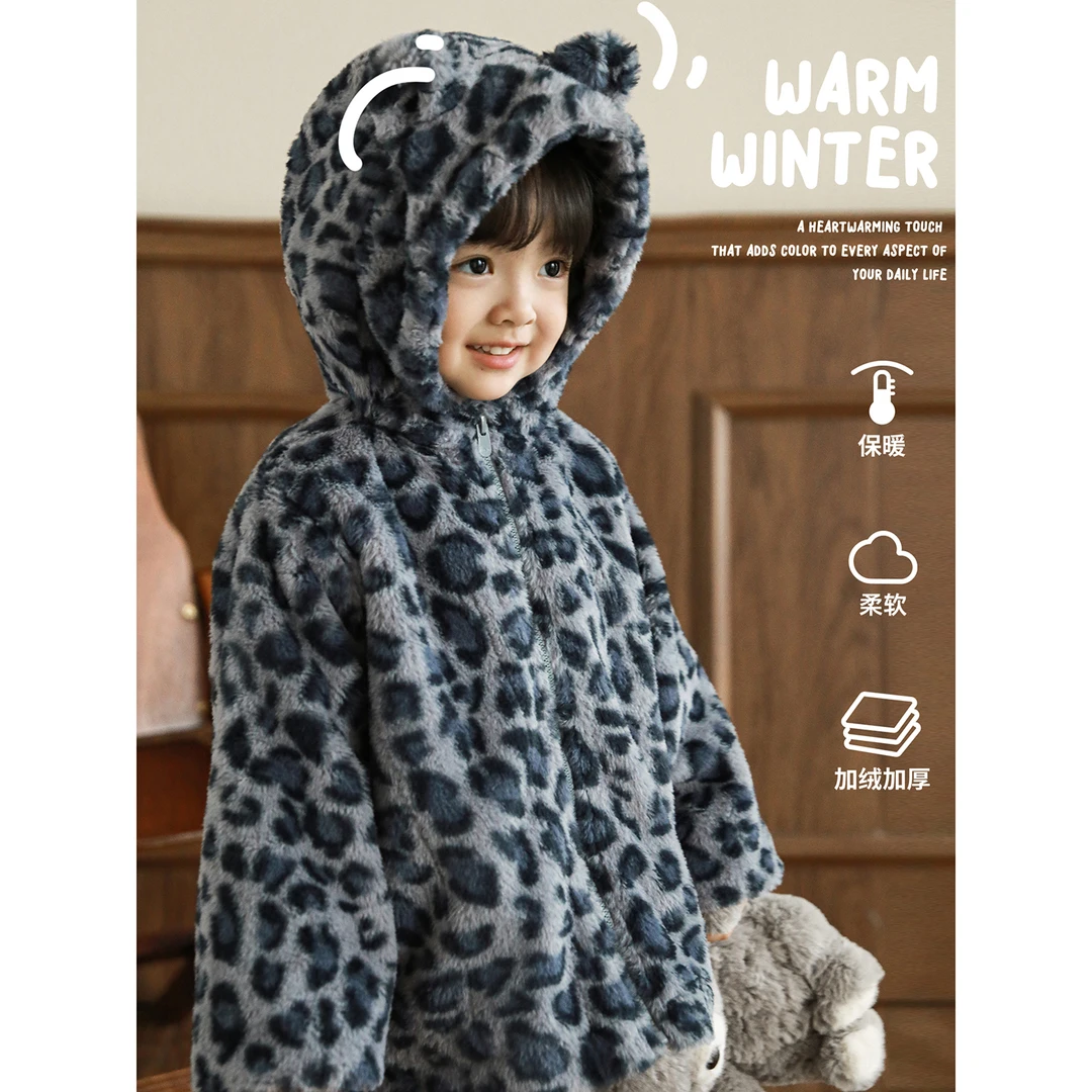 幼悠女童秋冬季复古蓝色豹纹毛毛衣外套可爱超萌儿童衣服D4414-1
