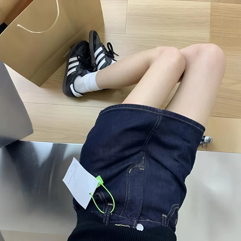 雪千羽深蓝色牛仔半身短裤裙女夏新款胖mm高腰梨形身材显瘦a字裙