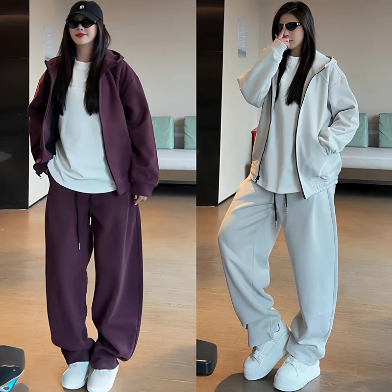 秋季新款高级感重磅休闲运动套装男纯色连帽双拉链外套卫裤两件套