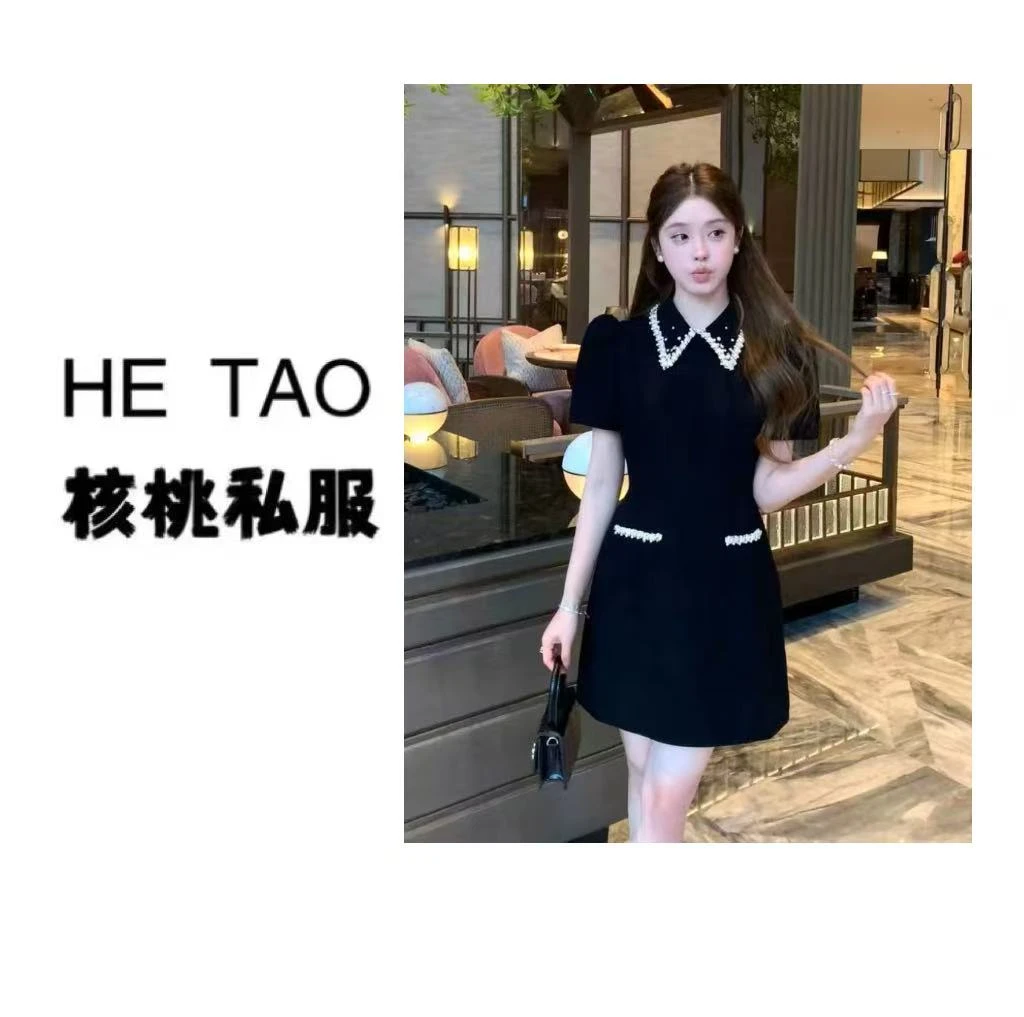 “核桃家”星耀黑 法式千金风连衣裙女2025新款夏季收腰显瘦重工a字