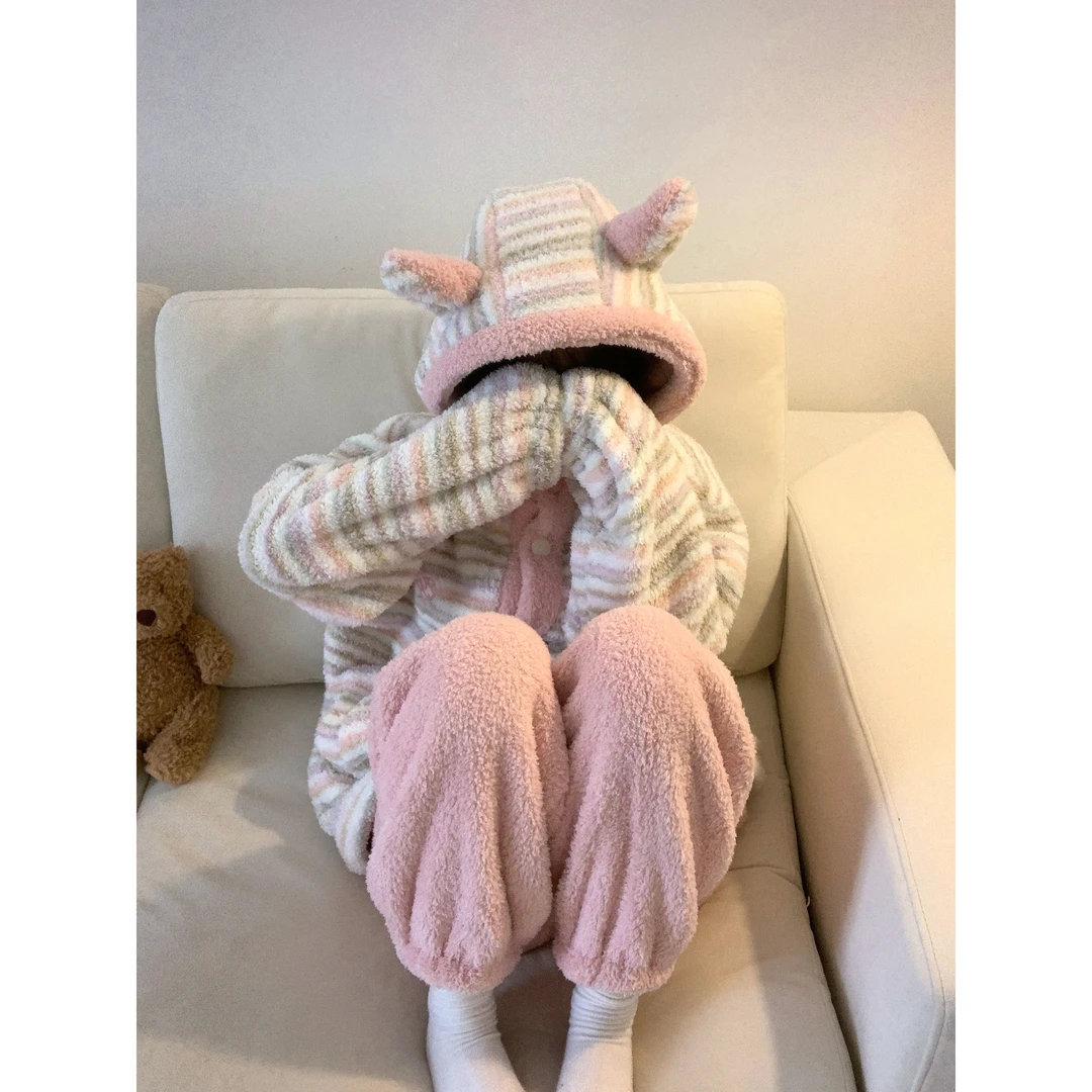 韩系慵懒感甜美条纹珊瑚绒连帽睡衣女秋冬新款加厚保暖家居服套装