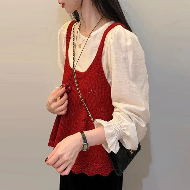 韩系长袖衬衫小个子叠穿马甲针织背心女秋季2025盐系轻熟两件套装