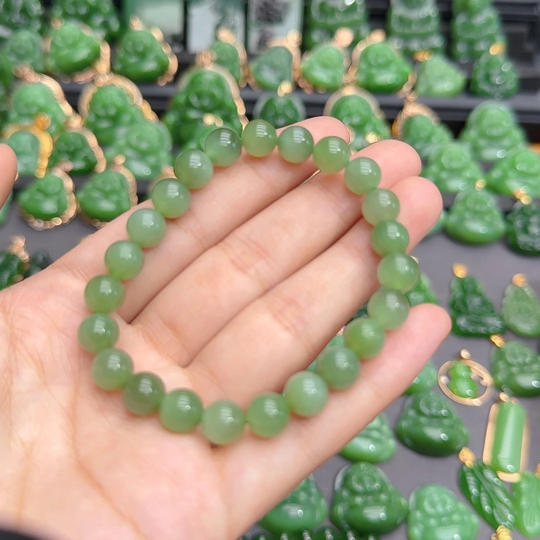 手串未镶嵌和田玉（碧玉）8m粉绿猫特价款单圈