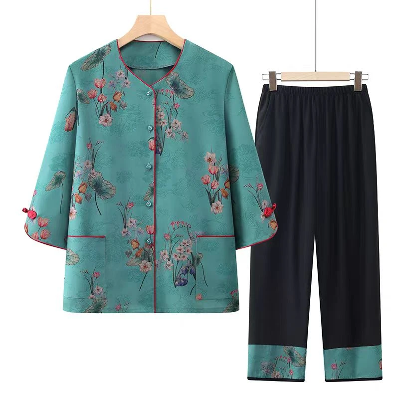 9467-夏季新款新中式国风气质开衫上衣+裤子妈妈装套装（老仓库）