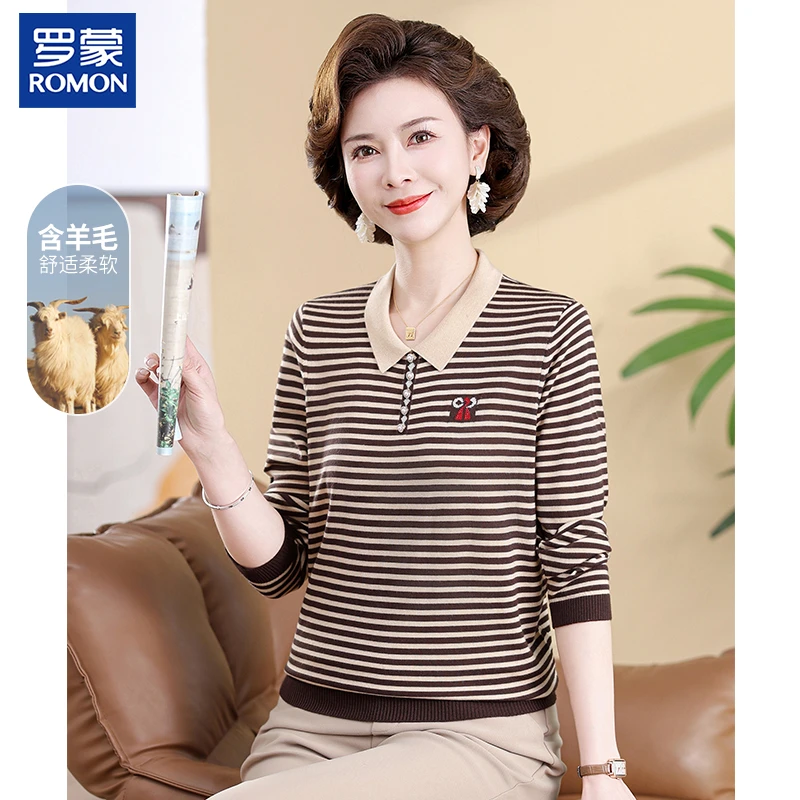 罗蒙妈妈装春季印花条纹衣中年休闲打底衫中老年女装洋气减龄上衣
