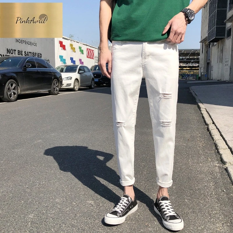 PinkAvril直筒高弹四季通用修身破洞牛仔裤束脚裤九分裤脏脏风