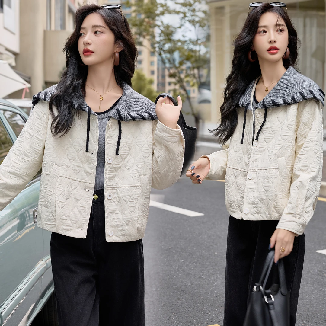 设计感针织大翻领拼接外套女2025春秋新款小个子宽松百搭短款上衣