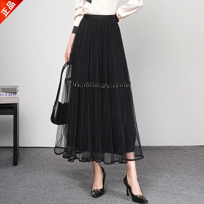 正品2025春夏新款时尚气质垂感百褶裙女高腰显瘦网纱裙半身裙爆款