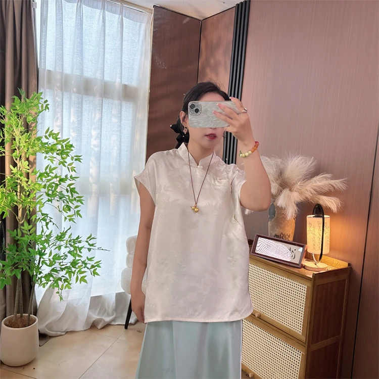 【白山茶】高端设计人丝小飞袖衬衫新中式国风提花短袖上衣