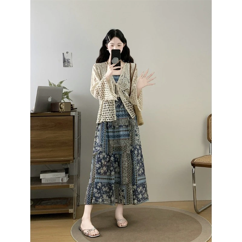 大码胖mm时尚套装女夏季波西米亚度假风吊带连衣裙蕾丝披肩两件套