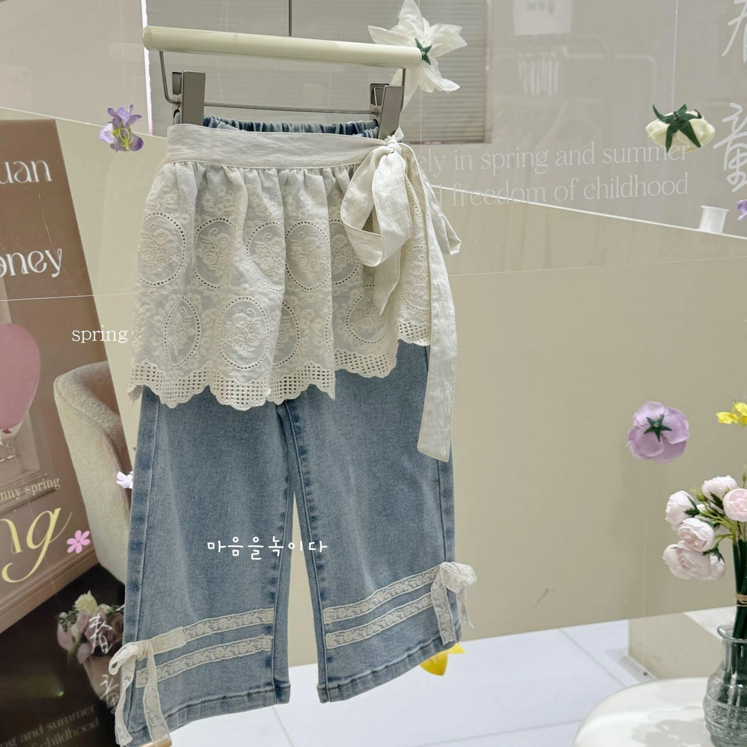女童2025秋季新款韩版牛仔裤小女孩时尚蕾丝屁帘花边休闲裤2件套