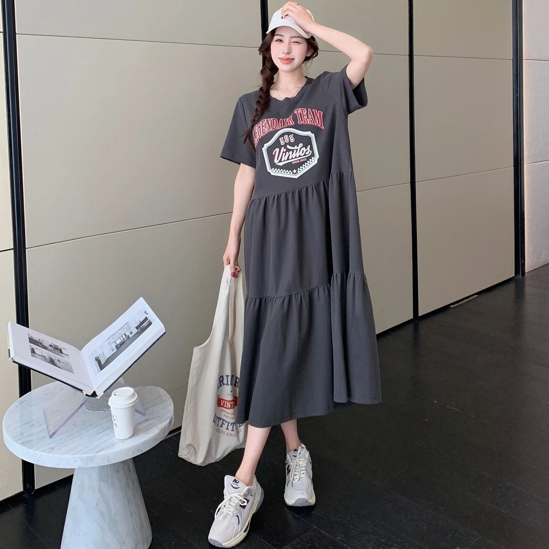 大码宽松遮肚长款t恤连衣裙2025新款女夏季胖mm休闲长裙显瘦裙子