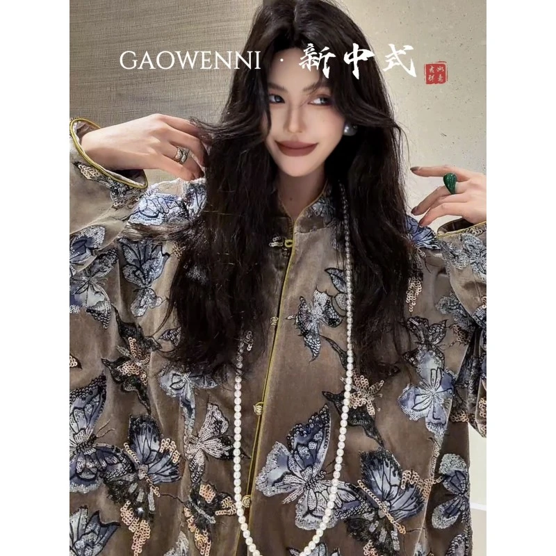 高温妮【梦蝶】秋冬款小众重工丝绒绣片中式长袖外套 5e52570/83