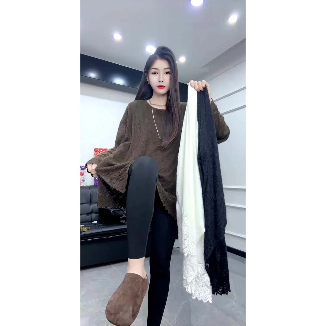 欧货时尚宽松设计感侧开叉蕾丝花边下摆长袖打底衫