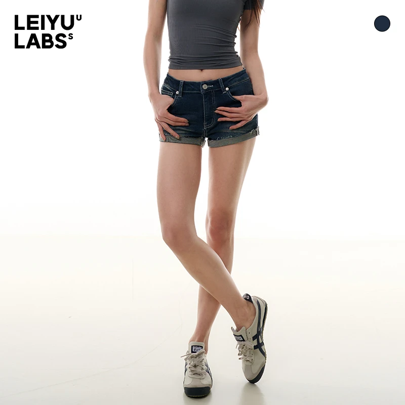 LEIYU LABS牛仔短裤女夏2025新款欧美ins复古水洗包臀翻边超短裤