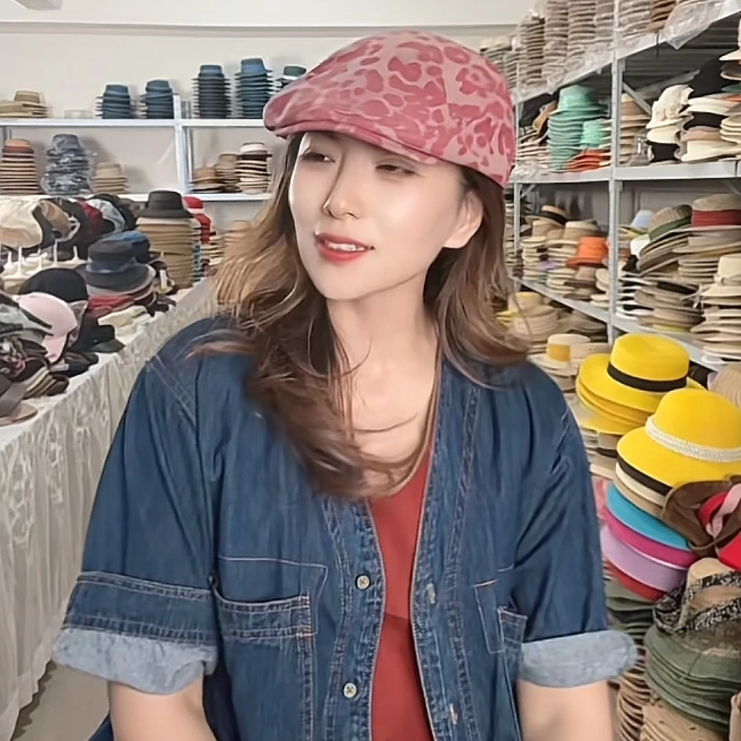 Q0424粉色豹纹前进帽女美式复古显脸小贝雷帽百搭大头围鸭舌帽子