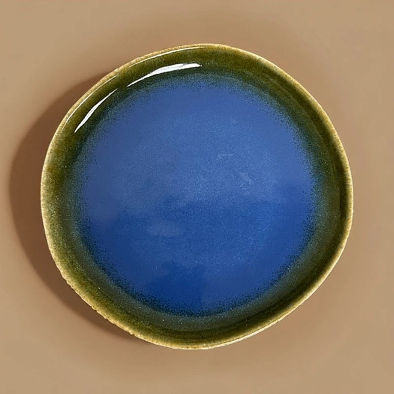 新款【2个装】平盘子家用复古蓝色异形陶瓷窑变渐变辣3252意面微瑕