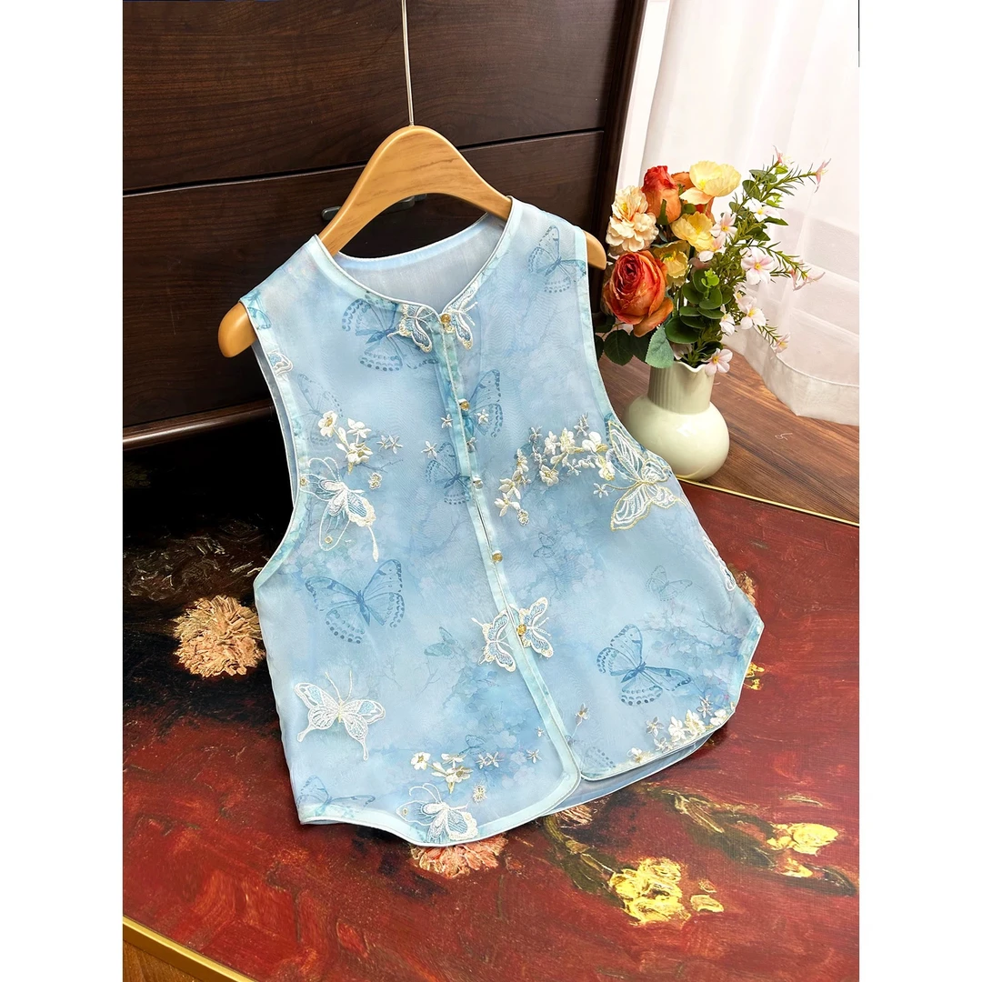 包谷谷服饰-蓝蝶唐装传统中国风夏季网红马甲新中式蓝色马甲