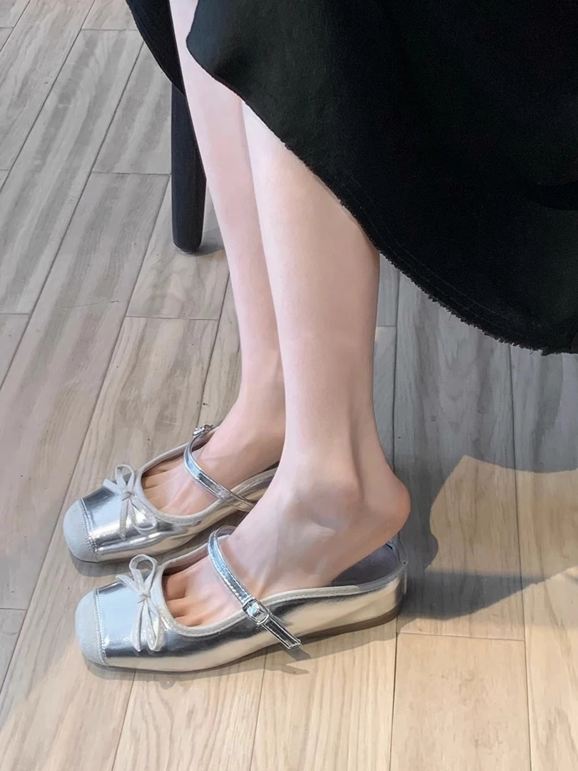 银色内增高包头半拖鞋女夏外穿2025新款一字带厚底拖鞋玛丽珍单鞋