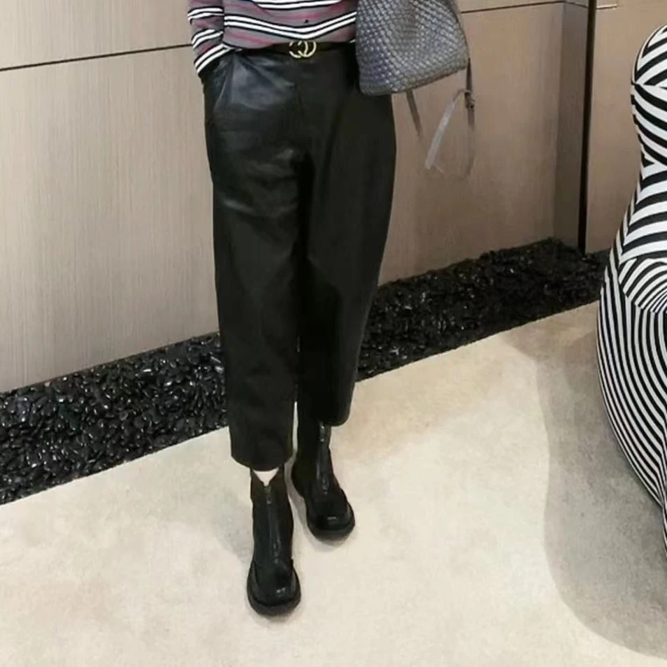 FL秋季百搭纯色防风保暖时尚直筒纯色气质宽松显瘦休闲皮裤【2316】