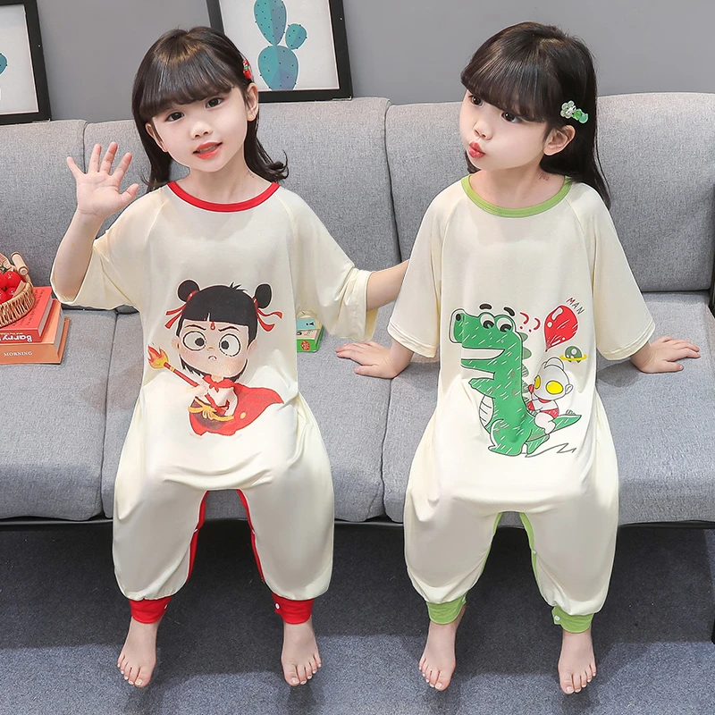 儿童连体睡衣莫代尔夏季薄款幼儿宝宝哪吒防着凉睡袋女童空调服