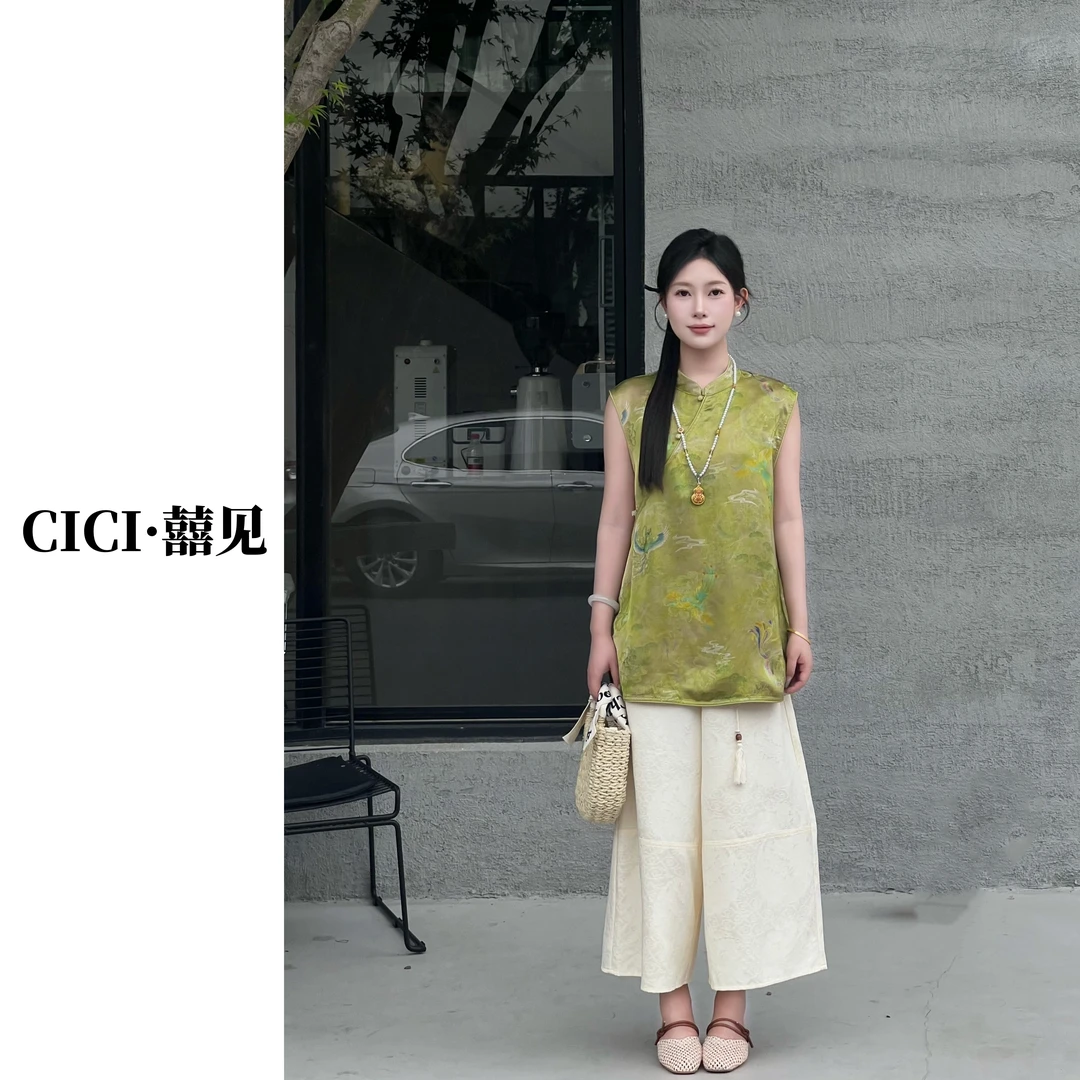【CICI囍见】2025夏日国风新中式轻奢凤锦100%人丝无袖马甲上衣女