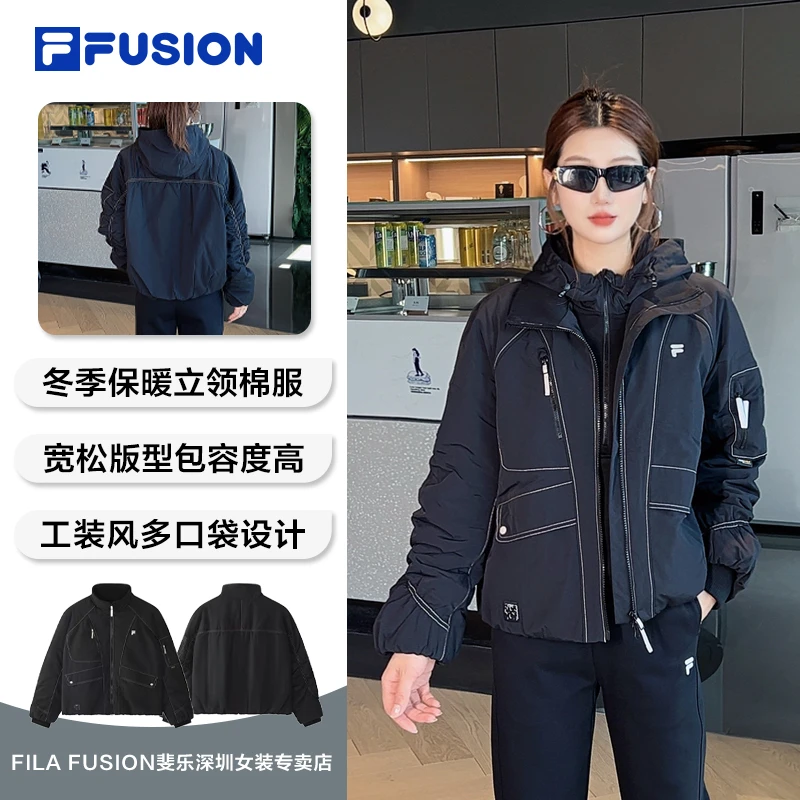 FILA FUSION斐乐冬季保暖运动棉服棉衣女款黑色外套T11W613906F