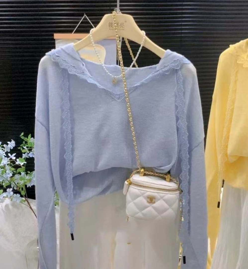 蕾丝花边百搭连帽纯色薄款韩版针织衫女装夏季防晒罩衫针织上衣