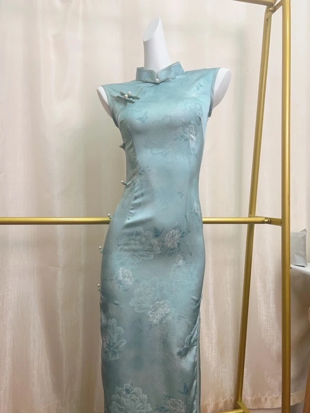 V-3173 蓝玉 绫罗缎 无袖 新中式 夏款年轻款改良旗袍120cm长款