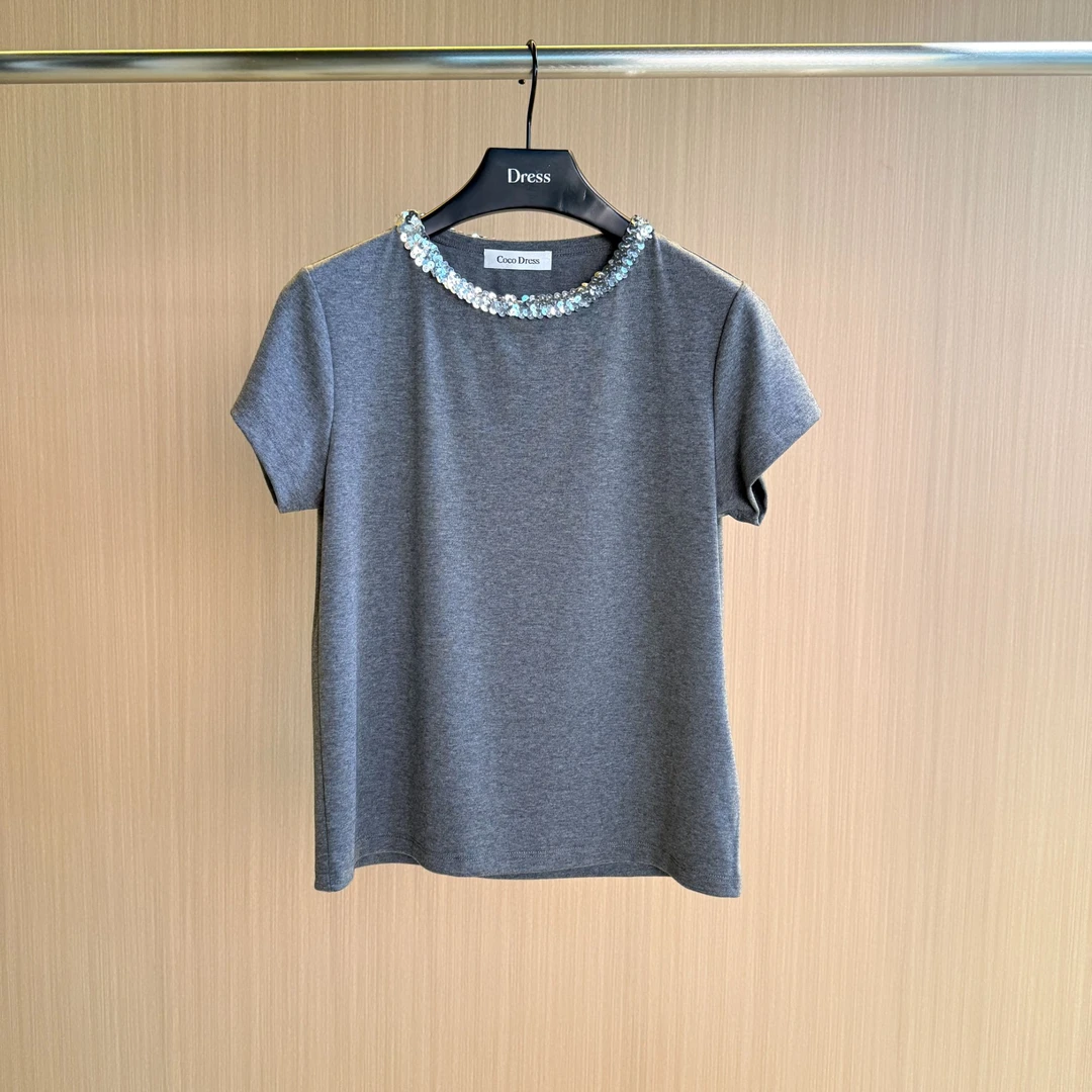 春夏新款亮片圆领T恤棉感宽松百搭短袖