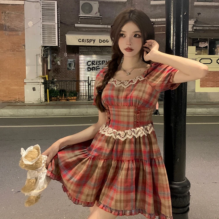 3446大码女装田园风气质红色格子蕾丝花边短款A字连衣裙5320