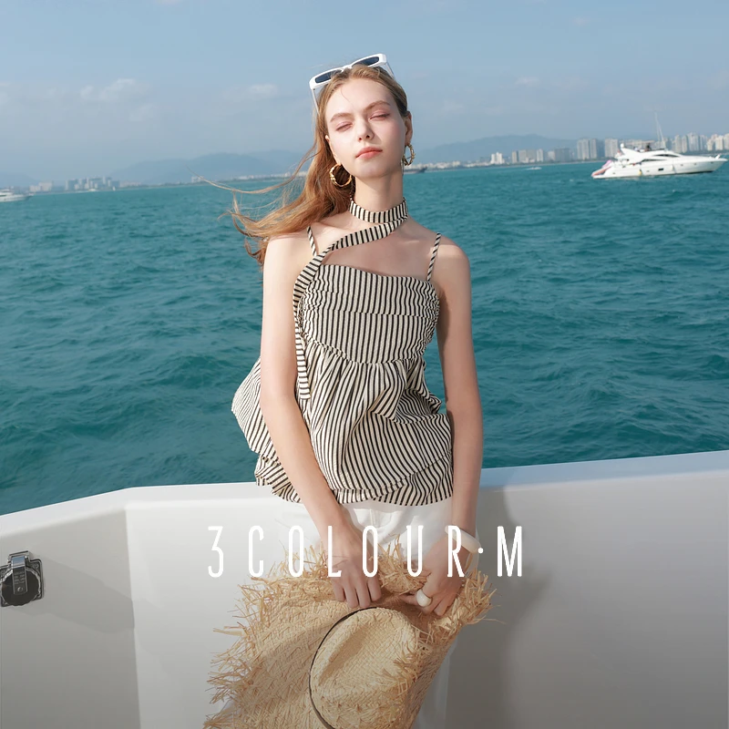 三彩2025夏季新款条纹吊带衫飘带无袖上衣娃娃衫短款M